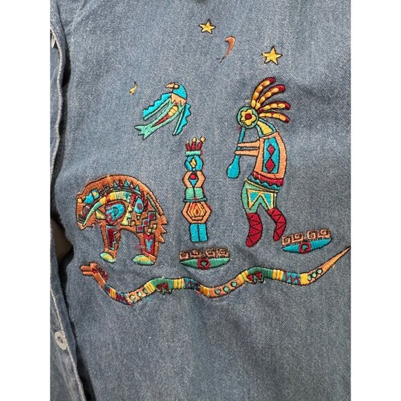 Passion-I Embroidered Southwestern Denim Short Sleeve Bears Birds Shirt XL - Picture 4 of 5